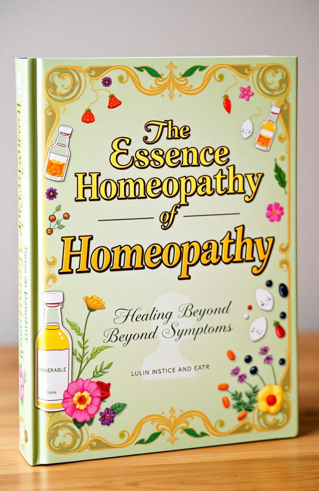 A luxurious and attractive book cover titled 'The Essence of Homeopathy: Healing Beyond Symptoms'