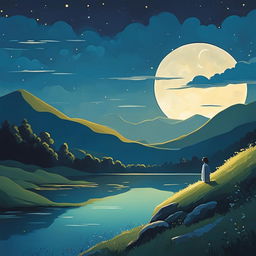 A serene Studio Ghibli-style abstract landscape under a moonlit night with rolling hills, a tranquil river, and a solitary figure standing on a hilltop