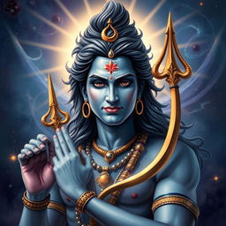 An artistic depiction of Lord Shiva, the Hindu deity, prominently featuring his divine weapon, the Pinaka bow