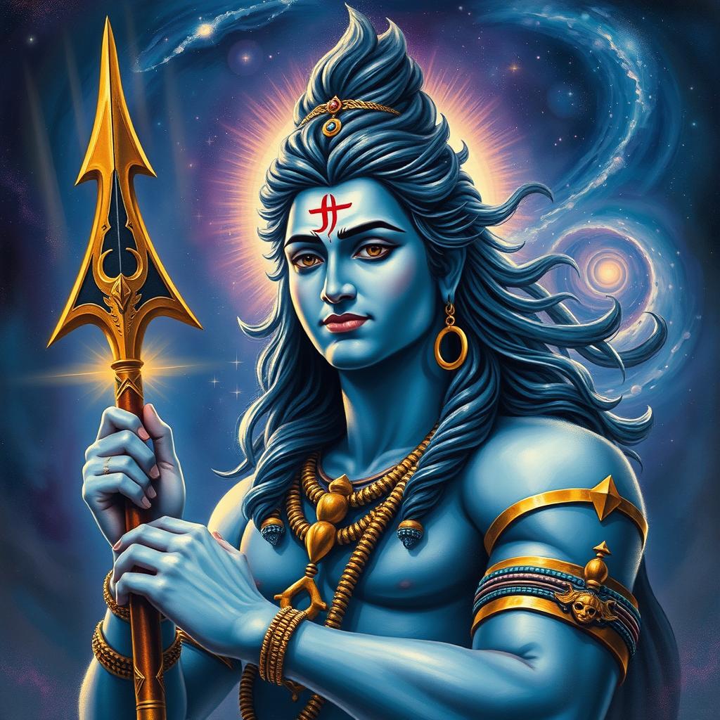 An artistic depiction of Lord Shiva, the Hindu deity, prominently featuring his divine weapon, the Pinaka bow