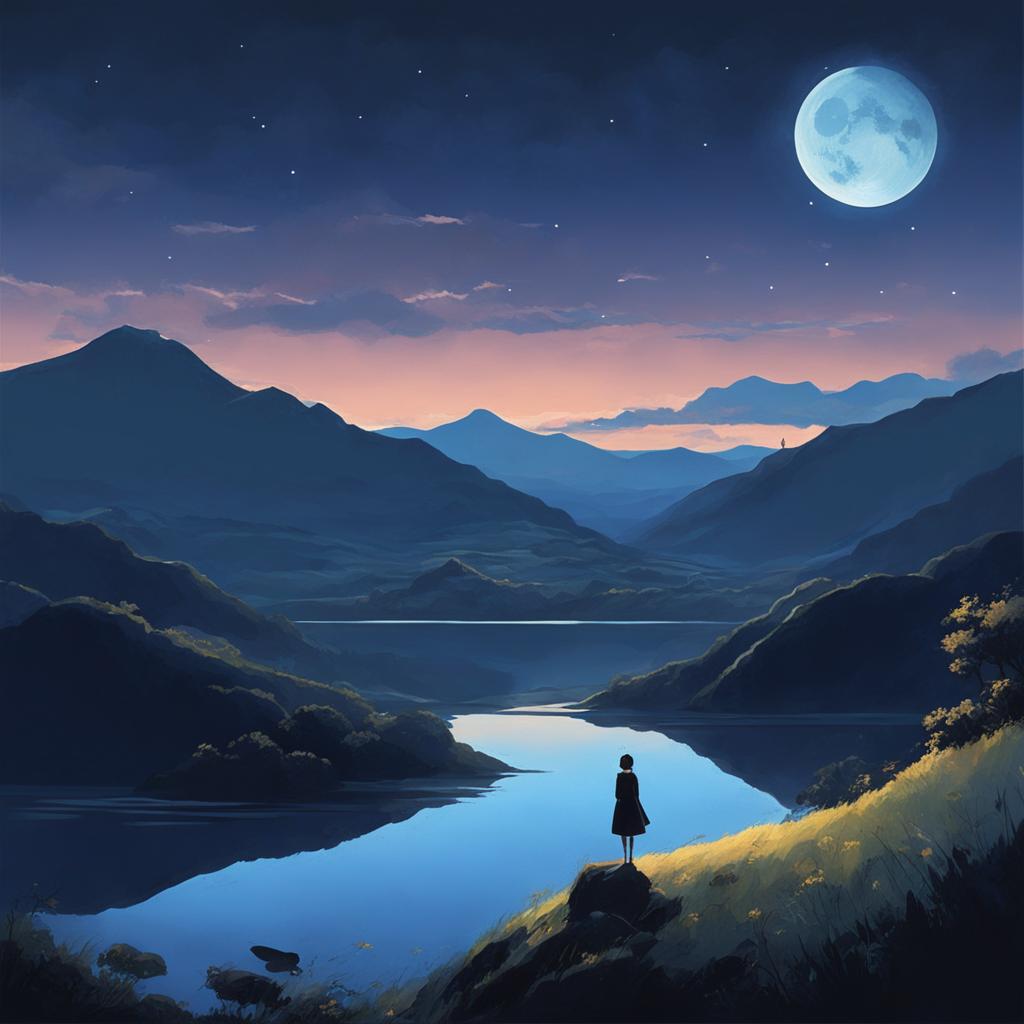 A darker, more mysterious Studio Ghibli-style abstract landscape under a moonlit night with shadowy hills, a silent river, and a solitary figure standing on a hilltop