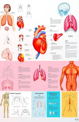 A visually informative and engaging physiology portfolio showcasing various human anatomical structures such as the heart, lungs, brain, and muscles