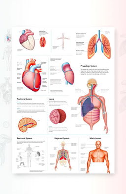 A visually informative and engaging physiology portfolio showcasing various human anatomical structures such as the heart, lungs, brain, and muscles