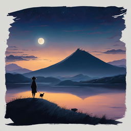 A darker, more mysterious Studio Ghibli-style abstract landscape under a moonlit night with shadowy hills, a silent river, and a solitary figure standing on a hilltop