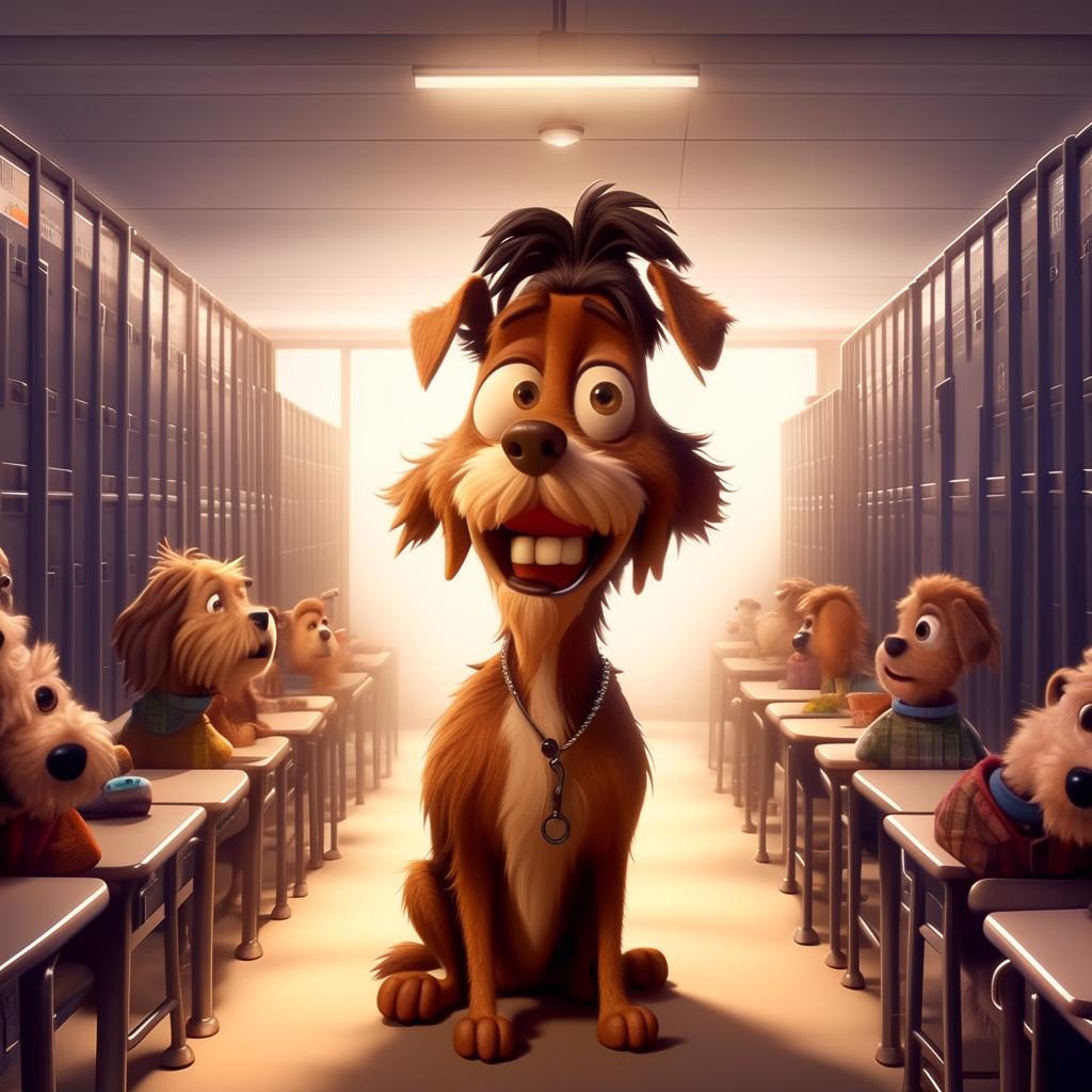 Animate a whimsical cartoon featuring an anthropomorphic dog who is a high school teacher, emphasizing his struggles as he tries to thrive in a human-dominated environment. He should have an expression of realization upon finding out he is known as 'man's best friend'.