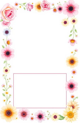 An A4 sheet of paper adorned with a beautiful floral border featuring vibrant and delicate flowers such as roses, daisies, and sunflowers
