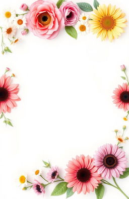 An A4 sheet of paper adorned with a beautiful floral border featuring vibrant and delicate flowers such as roses, daisies, and sunflowers