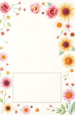 An A4 sheet of paper adorned with a beautiful floral border featuring vibrant and delicate flowers such as roses, daisies, and sunflowers