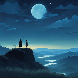 A darker, more mysterious Studio Ghibli-style abstract landscape under a moonlit night with shadowy hills, a silent river, and a solitary figure standing on a hilltop