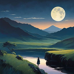 A darker, more mysterious Studio Ghibli-style abstract landscape under a moonlit night with shadowy hills, a silent river, and a solitary figure standing on a hilltop