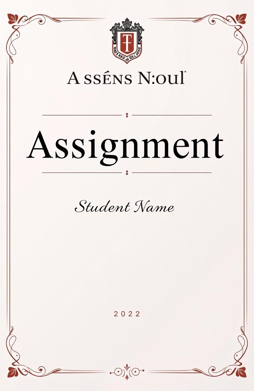 An elegant assignment cover page featuring a prominent school name at the top, styled in a formal font