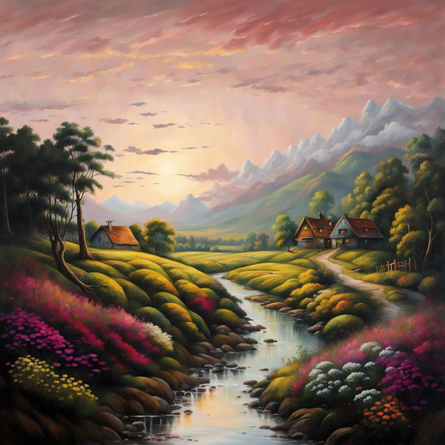 Oil painting of a serene landscape featuring a lush meadow, rustic cottage, towering mountains, sunset sky, tranquil river and a lone willow tree