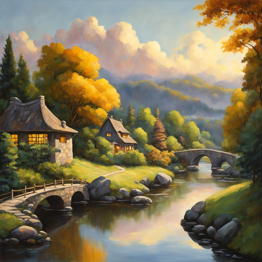 Studio Ghibli style oil painting of a serene landscape featuring a river, stone bridge, cottages, and forest under a golden sunset