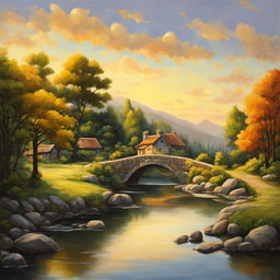 Studio Ghibli style oil painting of a serene landscape featuring a river, stone bridge, cottages, and forest under a golden sunset