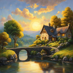 Studio Ghibli style oil painting of a serene landscape featuring a river, stone bridge, cottages, and forest under a golden sunset