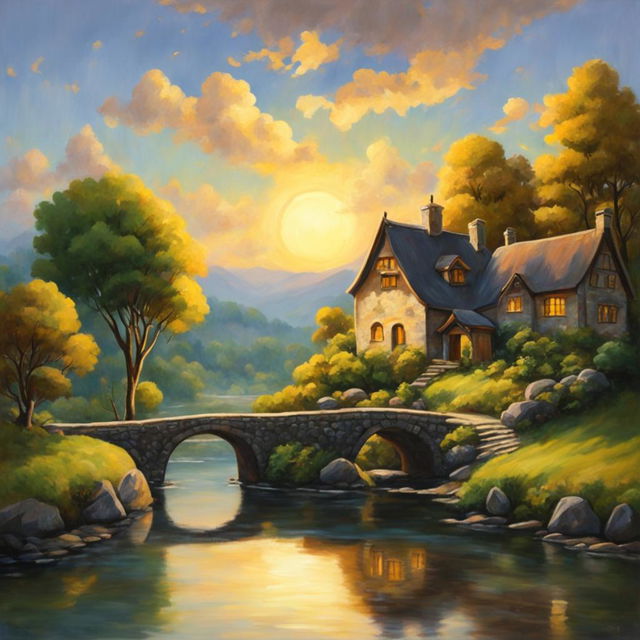 Studio Ghibli style oil painting of a serene landscape featuring a river, stone bridge, cottages, and forest under a golden sunset