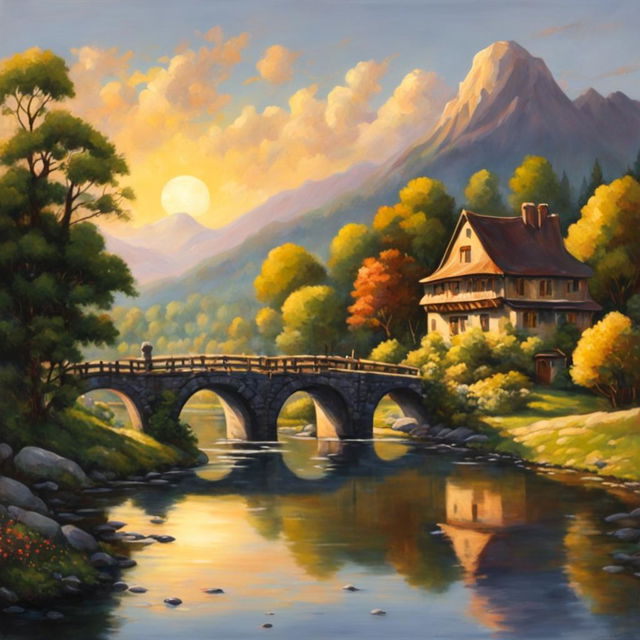 Studio Ghibli style oil painting of a serene landscape featuring a river, stone bridge, cottages, and forest under a golden sunset