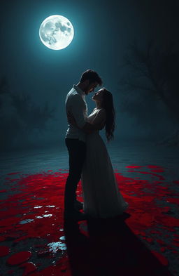 A dramatic scene depicting two lovers embracing passionately under a bright, full moon, surrounded by a surreal landscape