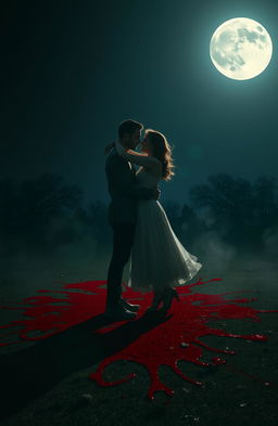 A dramatic scene depicting two lovers embracing passionately under a bright, full moon, surrounded by a surreal landscape