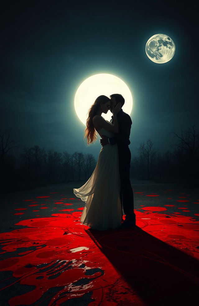 A dramatic scene depicting two lovers embracing passionately under a bright, full moon, surrounded by a surreal landscape