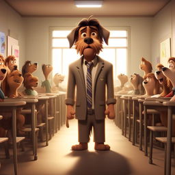 Animate a whimsical cartoon featuring an anthropomorphic dog who is a high school teacher, emphasizing his struggles as he tries to thrive in a human-dominated environment. He should have an expression of realization upon finding out he is known as 'man's best friend'.