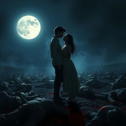 A hauntingly dramatic scene depicting a young man and a young woman standing together under a bright, full moon