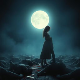 A hauntingly dramatic scene depicting a young man and a young woman standing together under a bright, full moon