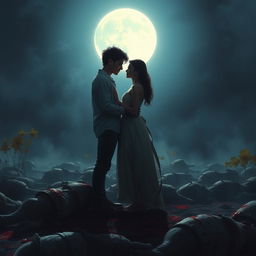 A hauntingly dramatic scene depicting a young man and a young woman standing together under a bright, full moon