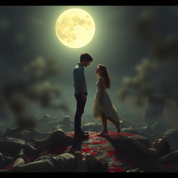 A hauntingly dramatic scene depicting a young man and a young woman standing together under a bright, full moon