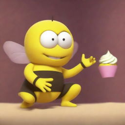 A 3D model of a cartoon bee in a yellow outfit, holding a cupcake