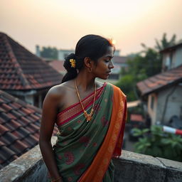 A sexy dark skin Indian village woman wearing a traditional saree without a blouse, showcasing the intricate patterns and vibrant colors of the fabric