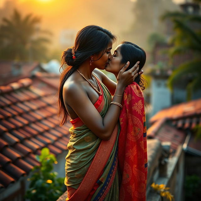 A sexy dark skin Indian village woman wearing a traditional saree without a blouse, showcasing the intricate patterns and vibrant colors of the fabric