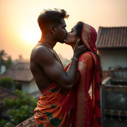 A sexy dark skin Indian village woman wearing a traditional saree without a blouse, showcasing the intricate patterns and vibrant colors of the fabric