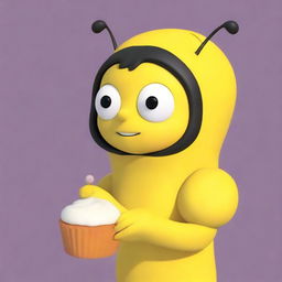 A 3D model of a cartoon bee in a yellow outfit, holding a cupcake