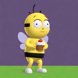 A 3D model of a cartoon bee in a yellow outfit, holding a cupcake