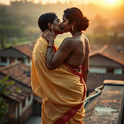A sexy dark skin Indian village woman wearing a traditional saree without a blouse, elegantly draped in an old-style manner that highlights her curves and the fabric's rich texture