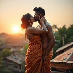 A sexy dark skin Indian village woman wearing a traditional saree without a blouse, elegantly draped in an old-style manner that highlights her curves and the fabric's rich texture