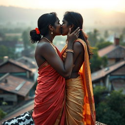 A sexy dark skin Indian village woman wearing a traditional saree without a blouse, elegantly draped in an old-style manner that highlights her curves and the fabric's rich texture