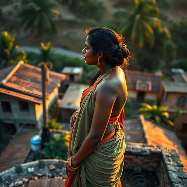 A sexy dark skin Indian village woman gracefully wearing a traditional saree without a blouse, showcasing the beautiful draping style of old India