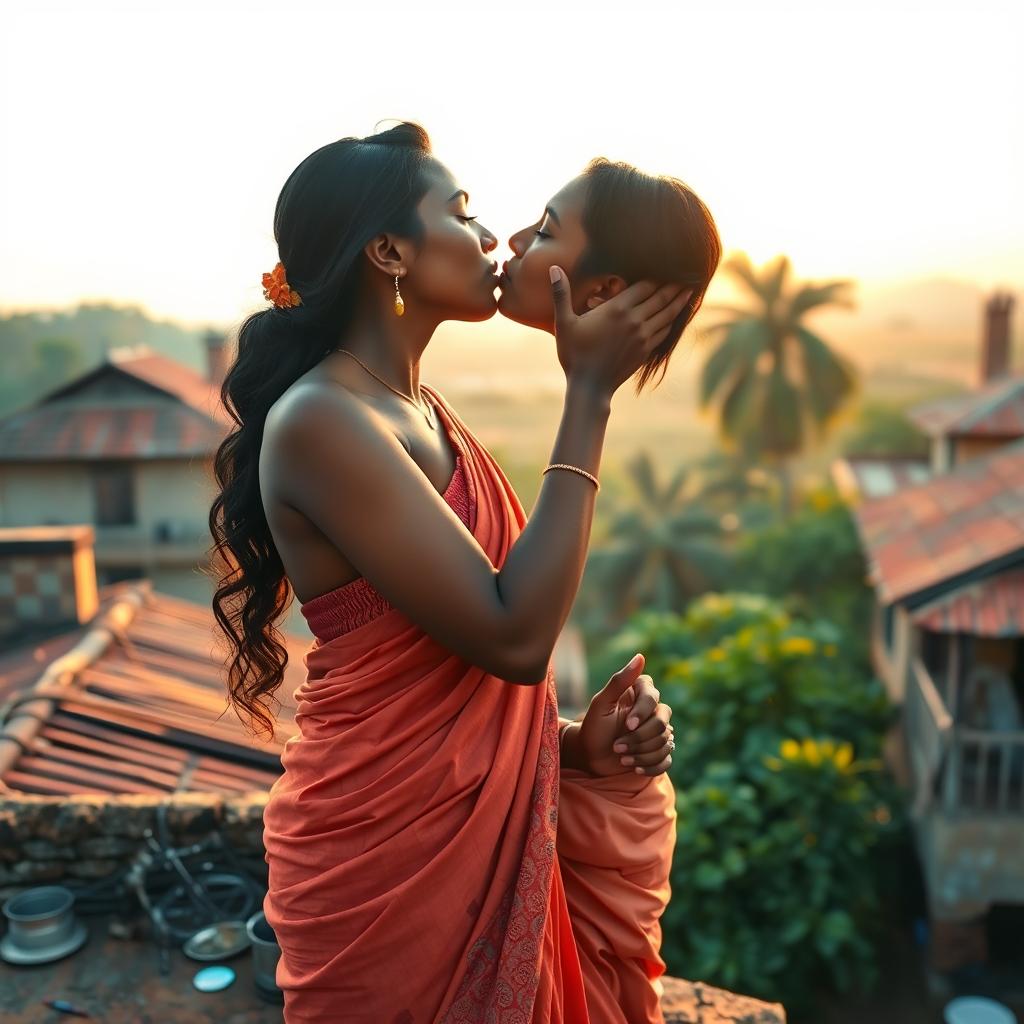 A sexy dark skin Indian village woman gracefully wearing a traditional saree without a blouse, showcasing the beautiful draping style of old India