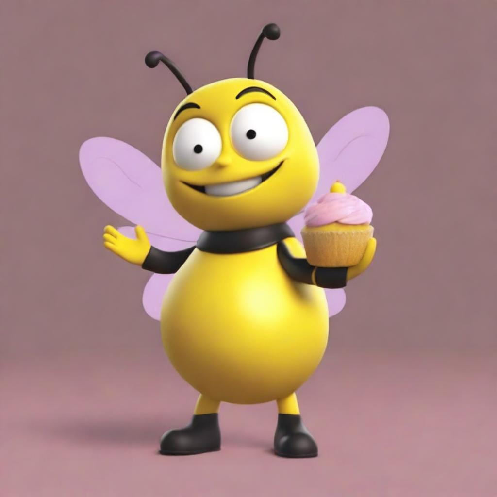 A 3D model of a cartoon bee in a yellow outfit, holding a cupcake