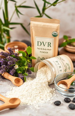 A beautifully arranged display of DVR face and body wash herbal powder, featuring elegant packaging in an eco-friendly container