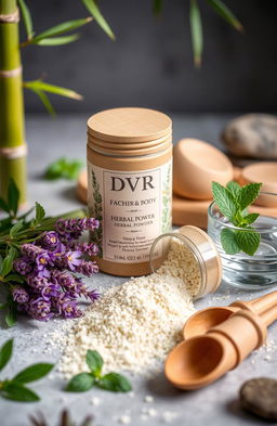 A beautifully arranged display of DVR face and body wash herbal powder, featuring elegant packaging in an eco-friendly container