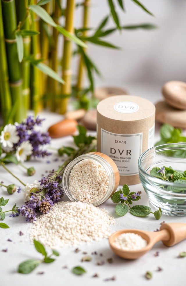 A beautifully arranged display of DVR face and body wash herbal powder, featuring elegant packaging in an eco-friendly container