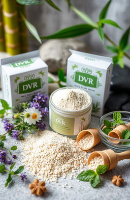 A beautifully arranged display of DVR face and body wash herbal powder, featuring elegant packaging in an eco-friendly container