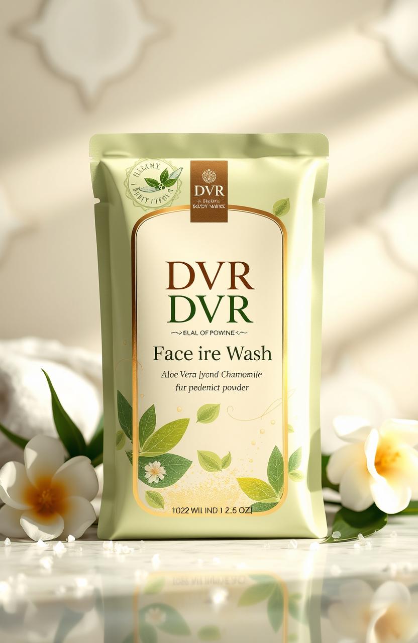 A beautifully designed package for DVR face and body wash herbal powder, featuring luxurious herbal ingredients like aloe vera, chamomile, and green tea