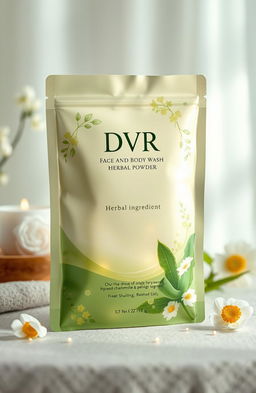 A beautifully designed package for DVR face and body wash herbal powder, featuring luxurious herbal ingredients like aloe vera, chamomile, and green tea