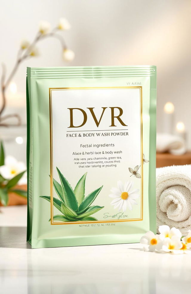 A beautifully designed package for DVR face and body wash herbal powder, featuring luxurious herbal ingredients like aloe vera, chamomile, and green tea