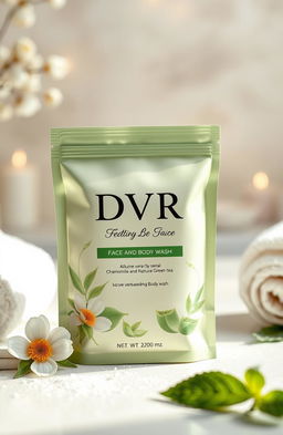 A beautifully designed package for DVR face and body wash herbal powder, featuring luxurious herbal ingredients like aloe vera, chamomile, and green tea