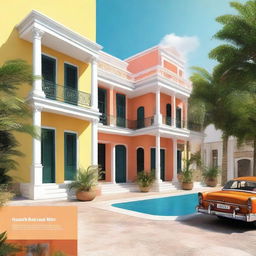 A lively and vibrant real estate website showcasing various housing options in Havana, with a combination of colonial architecture and modern homes